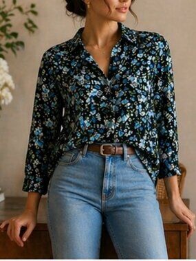 J.Jill Blue Floral Tiered Tunic Button Up Blouse Cottagecore Layered S
